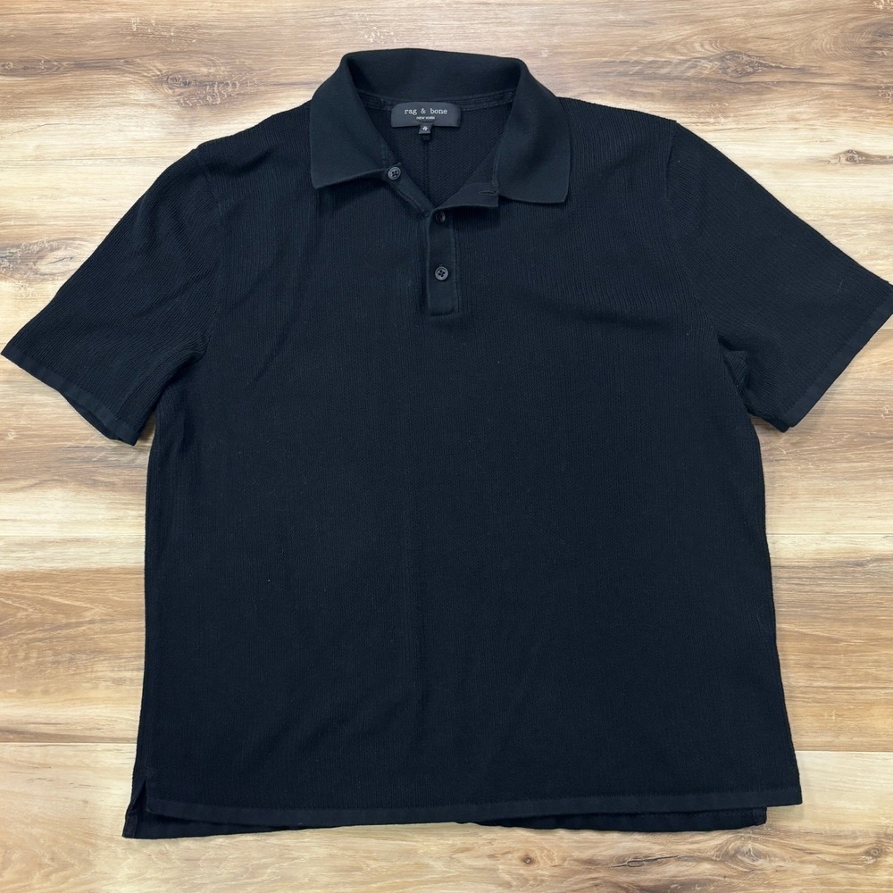 Rag & Bone Polo Shirt XL Short Sleeve Knit Cotton Blend Regular Fit Black